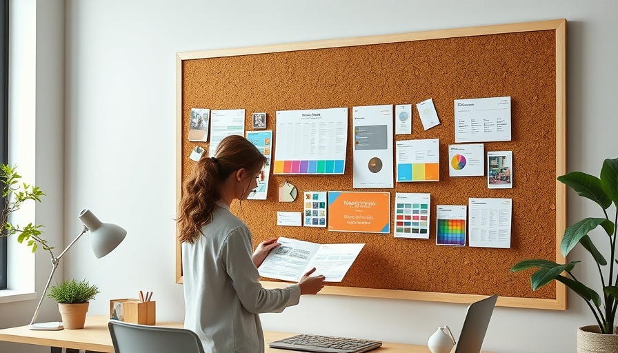 Creative workspace with cork bulletin board and design materials.