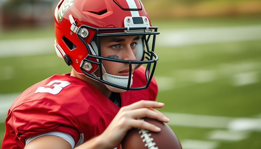 Young football player in red jersey preparing to pass, 2025 NFL Draft.
