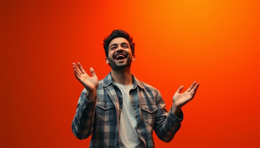 Excited man demonstrating online advertising concept, vibrant background.