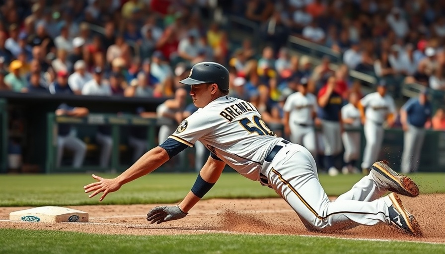 Milwaukee Brewers player sliding to base in game against Los Angeles team.