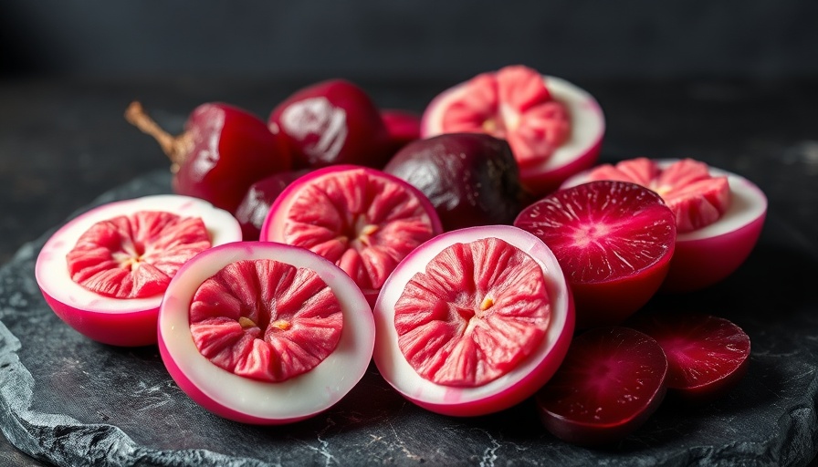 Pickled eggs with beets on slate board, rich colors, textured background.