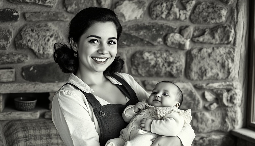 Vintage family moment, mother with baby, rustic background.