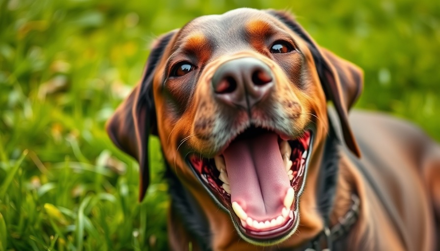Happy Labrador retriever lying on grass, close-up view.