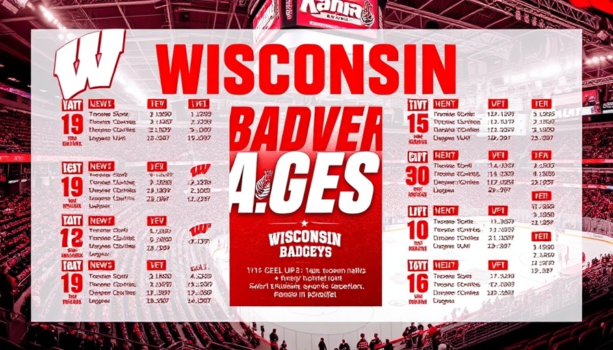 Wisconsin Badgers hockey schedule poster with vibrant team visuals.