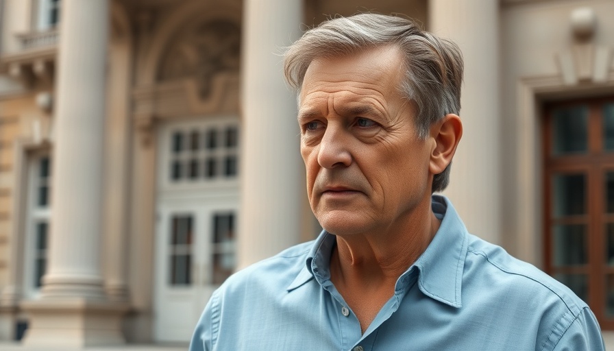 Middle-aged man contemplating in Wisconsin outdoor setting.