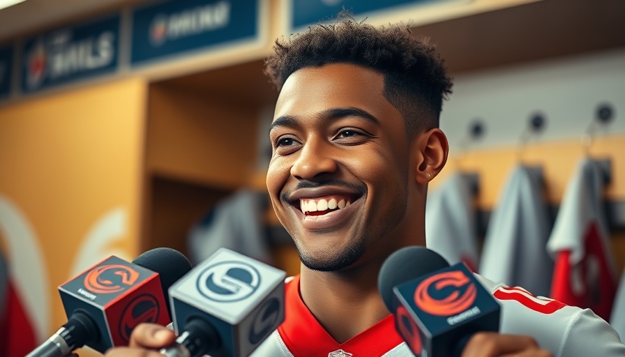 Smiling athlete in a locker room engaging with media.