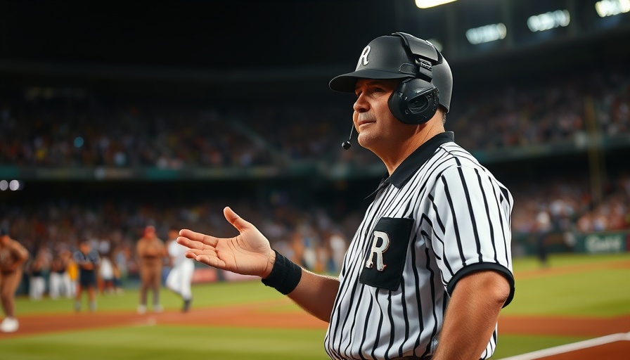 Umpire ejects DJ during baseball game, night stadium scene.