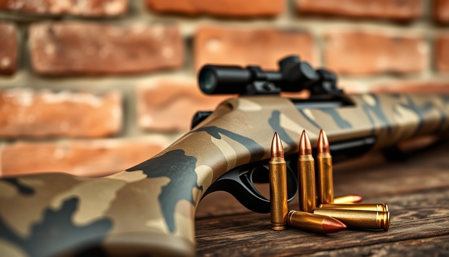 Close-up of camouflage hunting rifle on a scale, Wisconsin hunting areas.