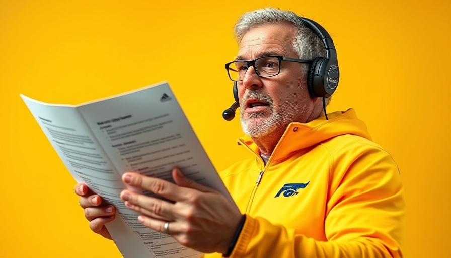 Dynamic coach holding play sheet, background in sports theme.