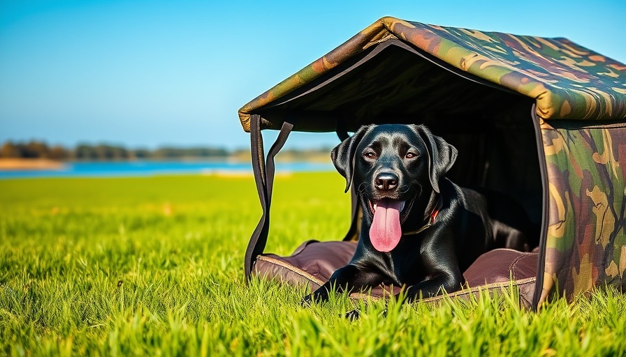 Black Labrador in camouflage shelter, training tools for retrievers and pointers
