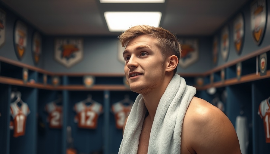 Locker room scene with young man, discussing sports.