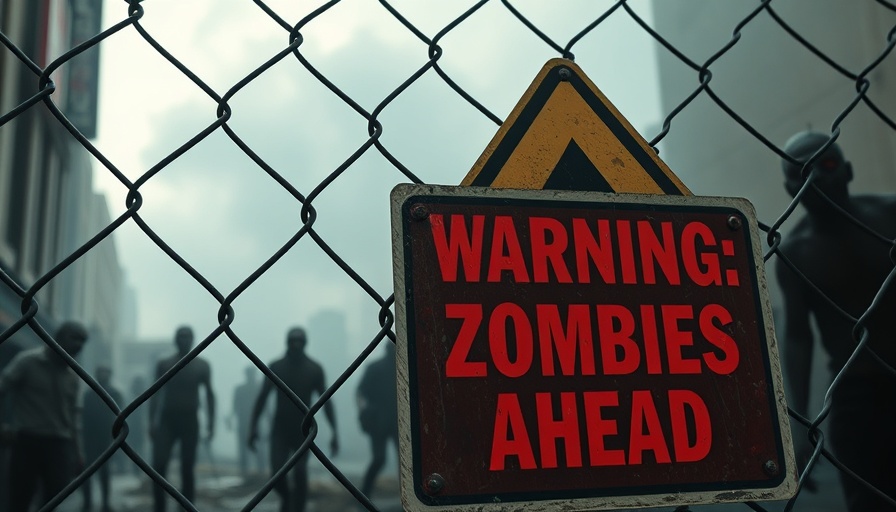 Cinematic zombie warning sign on fence for press release distribution.