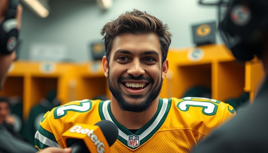 Green Bay Packers player smiling during locker room interview.