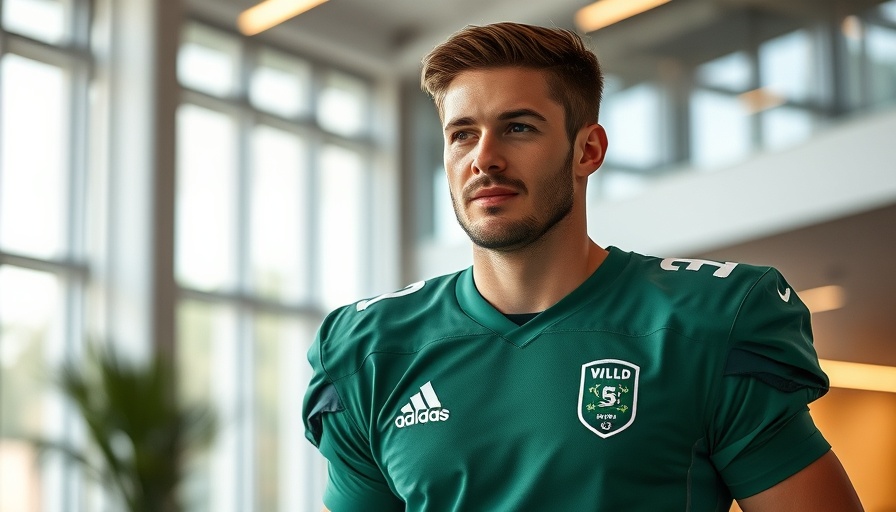Professional football player in green jersey indoors