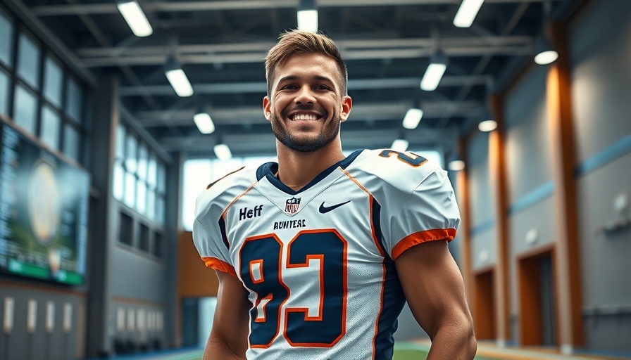 Man in football gear indoors at sports facility.