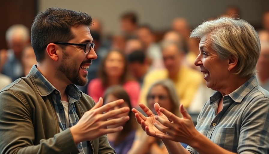 Two people engaged in conversation during a casual event.