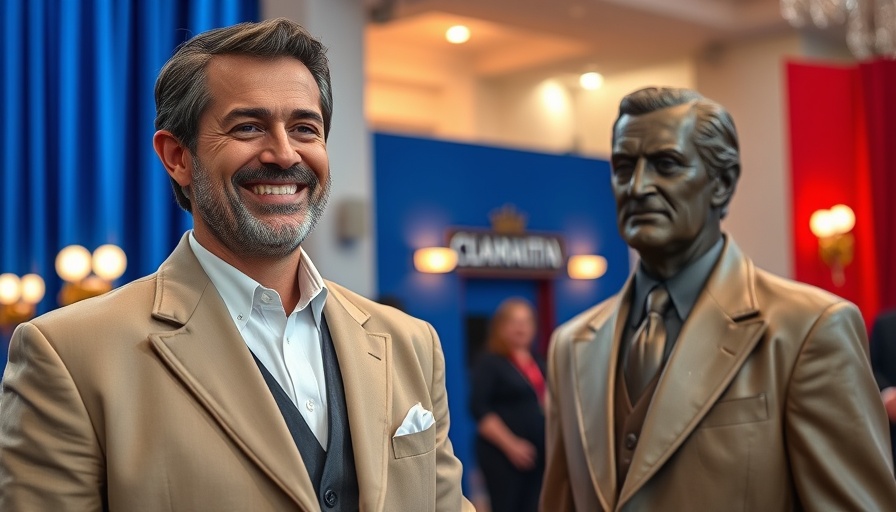 Man at professional event with a statue, indoor setting.