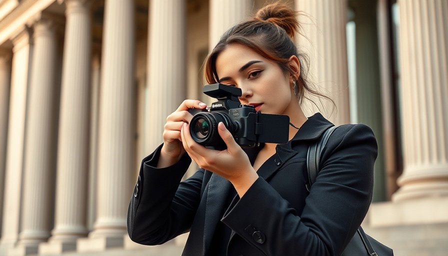 Young woman creating Instagram Reel for marketing in urban setting.