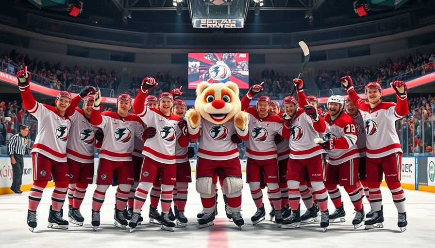 Big Ten hockey team celebrating on ice with mascot after playoff victory.