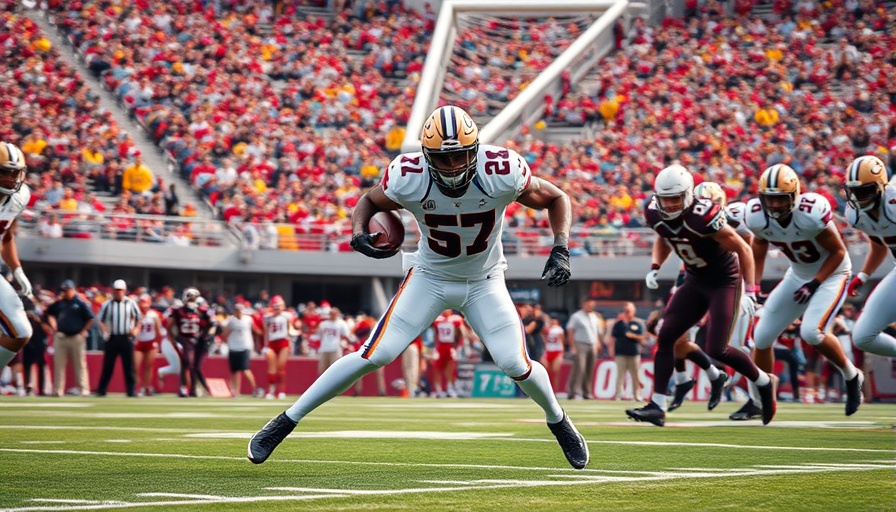 Dynamic football game with lead blocker in action, 2025 NFL Draft potential.