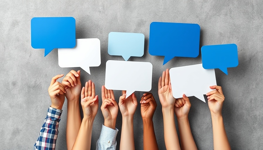 Hands holding speech bubbles for online press release concept.
