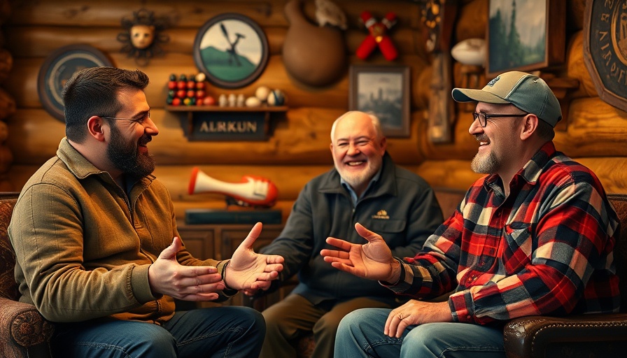 Cheerful group discussing Wisconsin sports rivalries on cabin set.