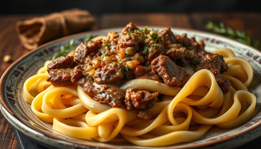 Tasty venison stroganoff recipe served on noodles with chives.
