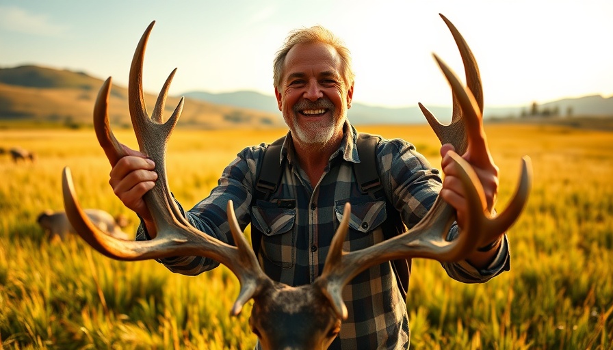 Wisconsin outdoor activities: Man with deer antlers in field.