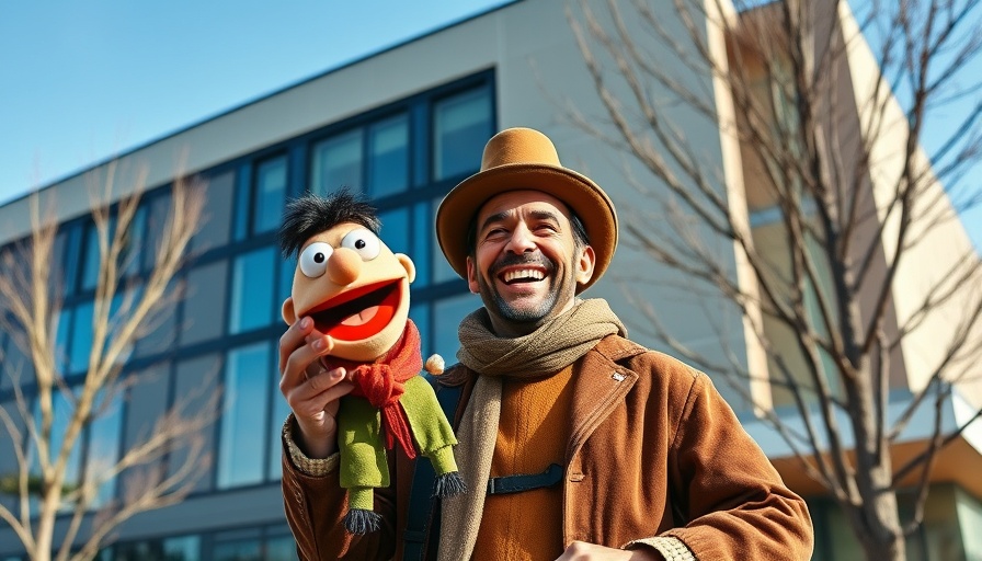 Joyful man with costume puppet at Wisconsin family activities outdoors.