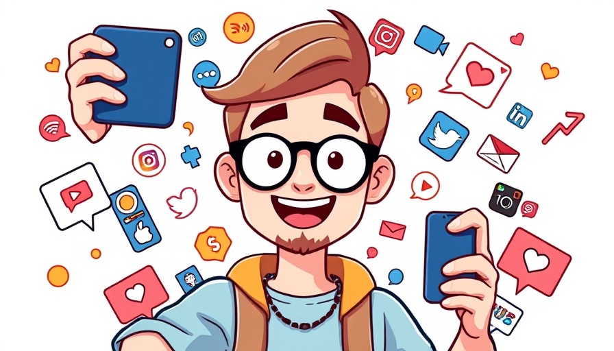 Virtual influencer cartoon with social media icons, digital marketing.