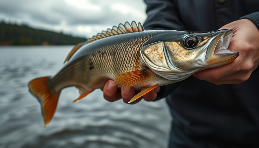 Walleye fish held over Wisconsin fishing spot with text overlay.