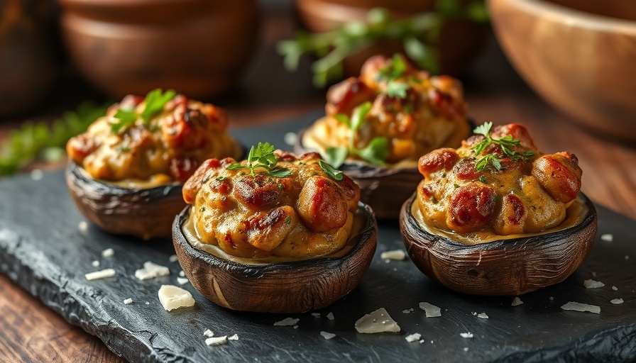 Delicious sausage stuffed Portobello mushrooms garnished with Parmesan.