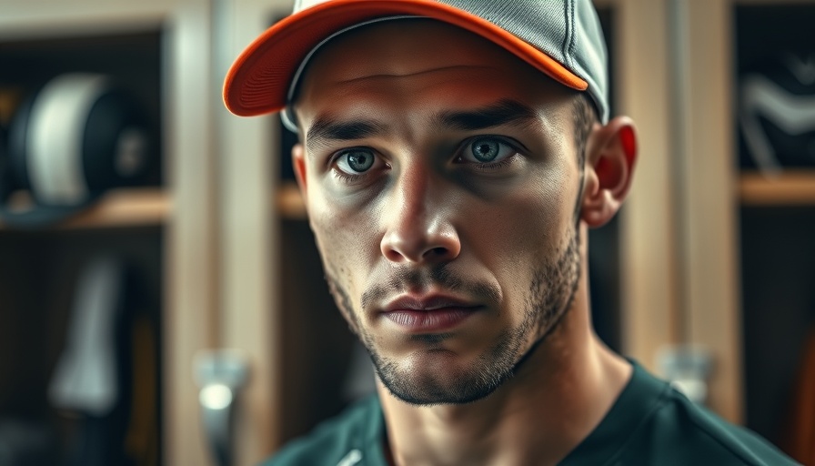 Man in sports cap indoors, focused expression, locker room setting.