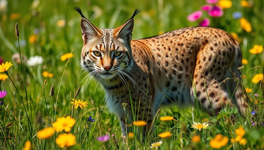 Bobcat amidst wildflowers showcasing Wisconsin outdoor activities