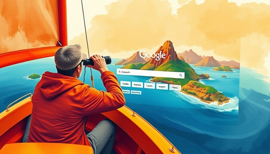 Person in sailboat with binoculars looking at Google search page over island.