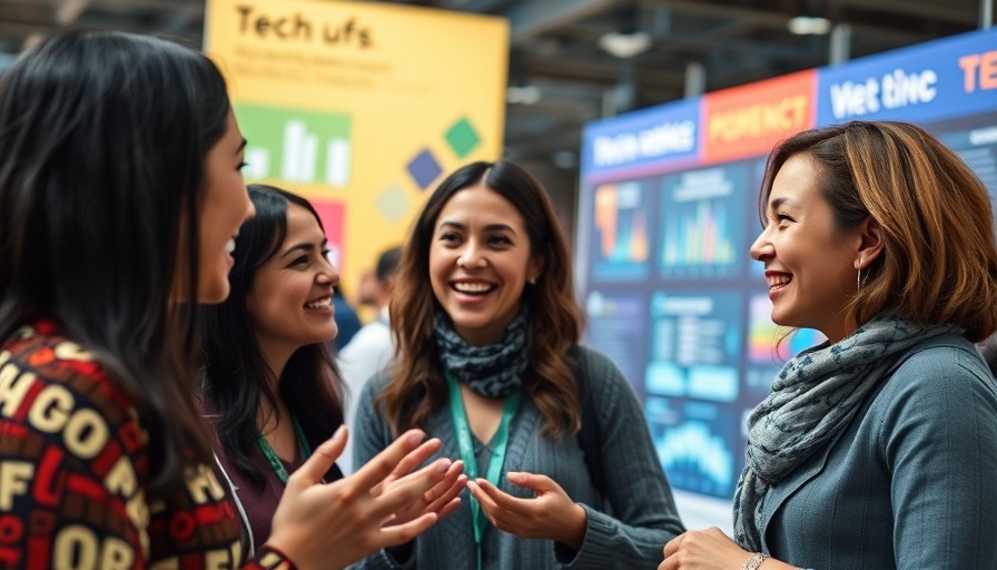 Two women discussing digital marketing strategies at an event.