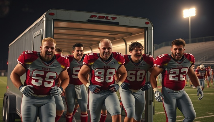 Humorous football scene with linemen exiting a trailer at night near a field.