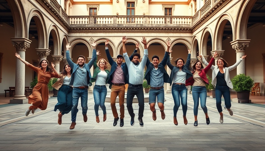 Joyful team jumping in courtyard, exemplifying customer support excellence.