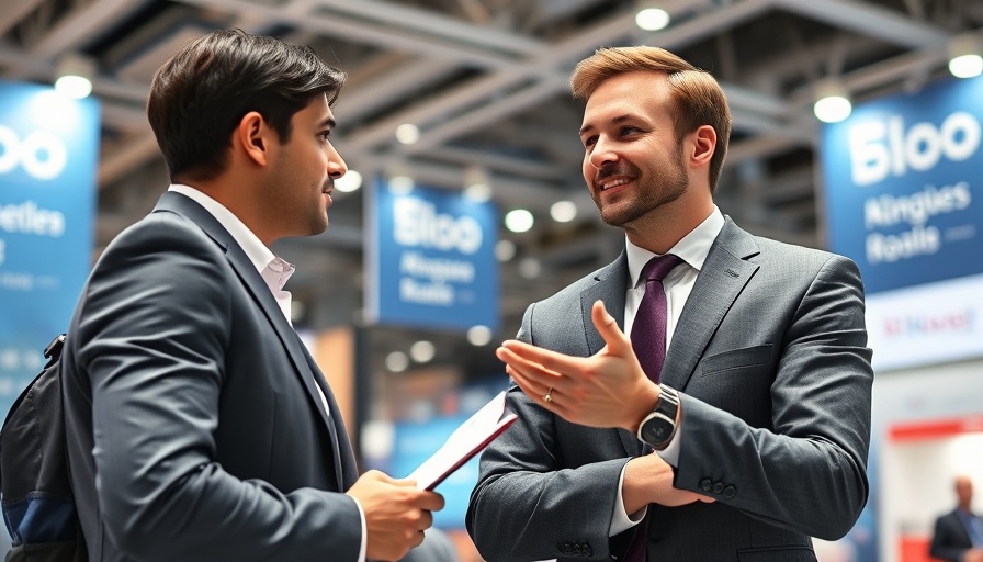 Email marketing for events: professionals converse at a trade show booth.