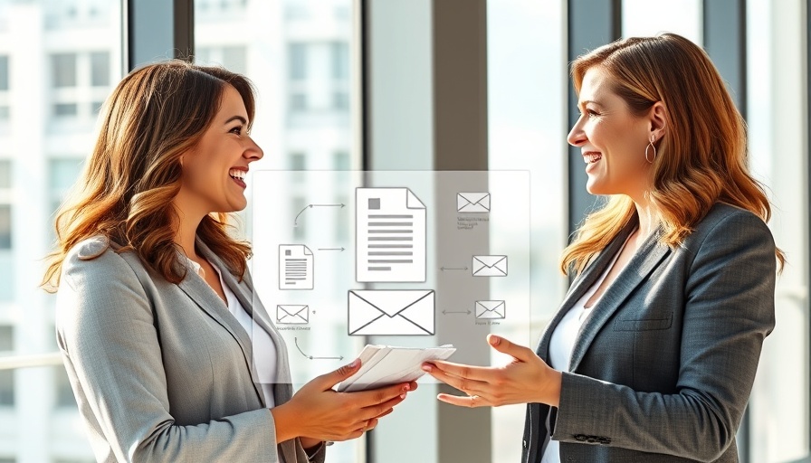 Businesswomen discussing email marketing with graphic overlay.