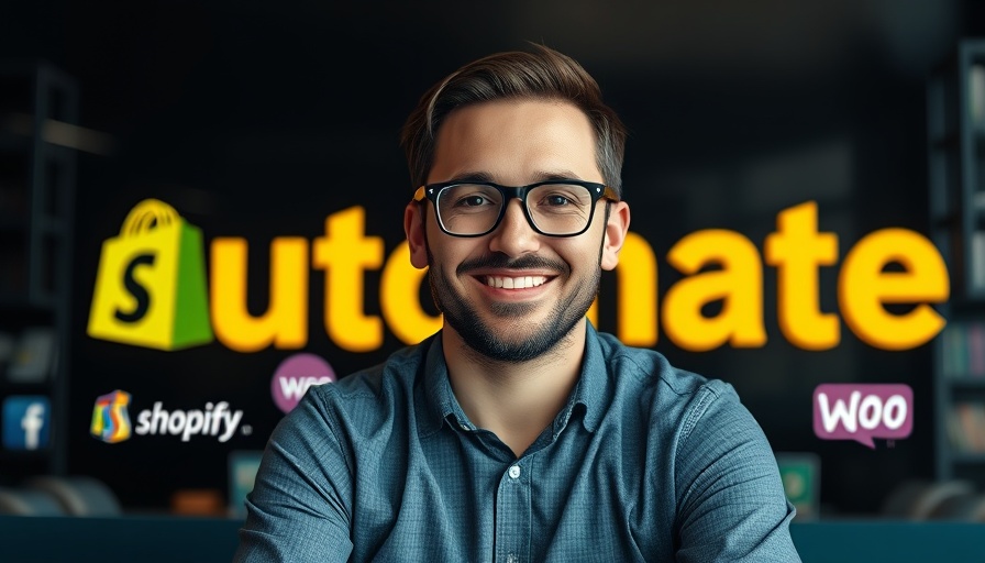 Smiling man promoting automated email marketing for ecommerce with platform icons.