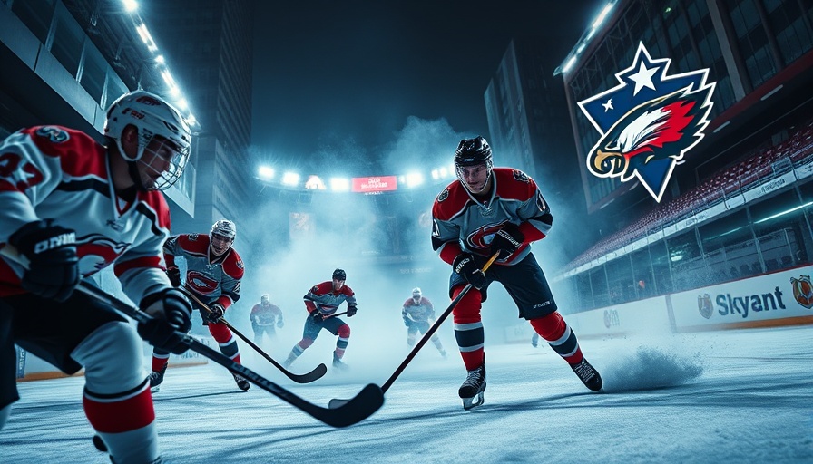 Dynamic hockey match poster showcasing teams with bold graphics and urban backdrop.