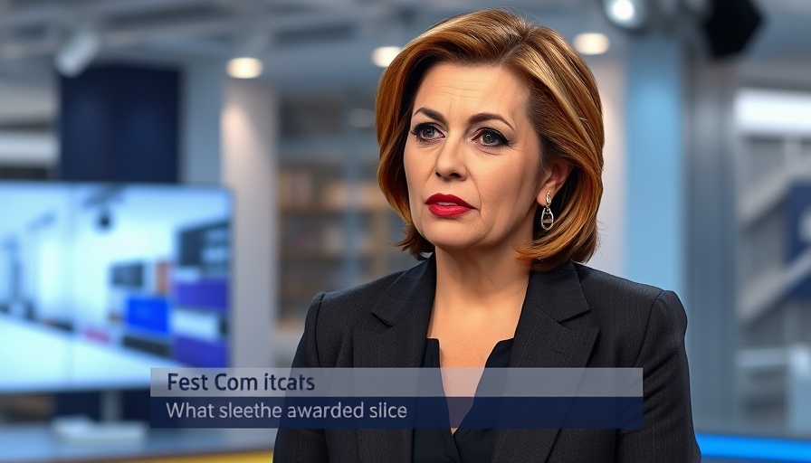 Mature woman discussing current events on TV, professional setting.
