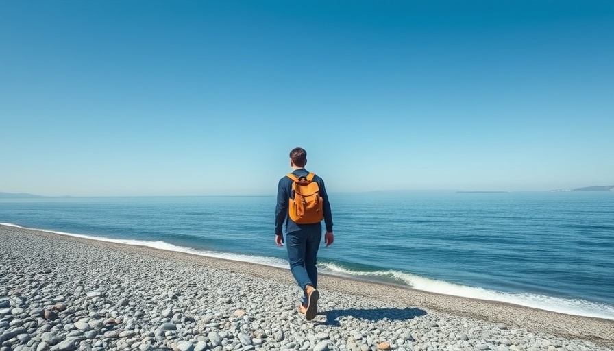 Person on pebble beach carrying backpack, selecting the right bag for remote work.