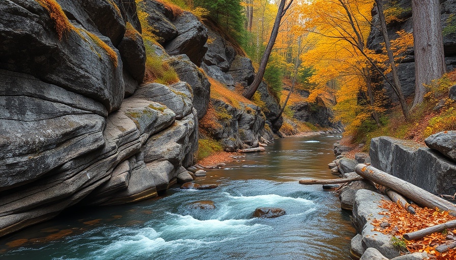 Wisconsin hiking trail by a peaceful river with autumn foliage.