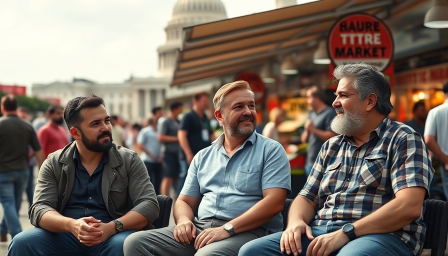 Busy market scene near Capitol with casual group of friends.