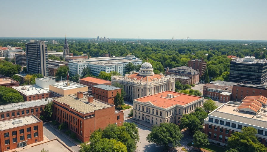 Aerial view of Eau Claire community and university buildings.