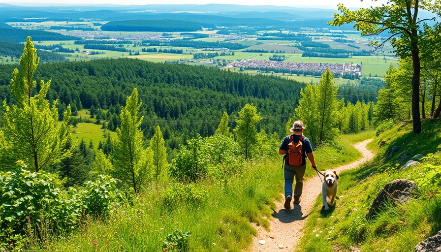 Wisconsin travel on Ice Age Trail with hikers and dog in lush greenery.