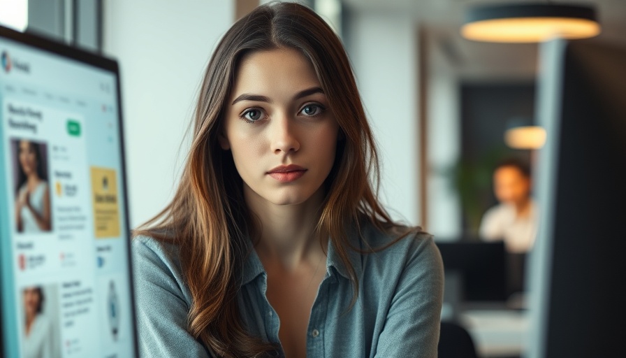 Young woman contemplating email marketing strategy on computer.