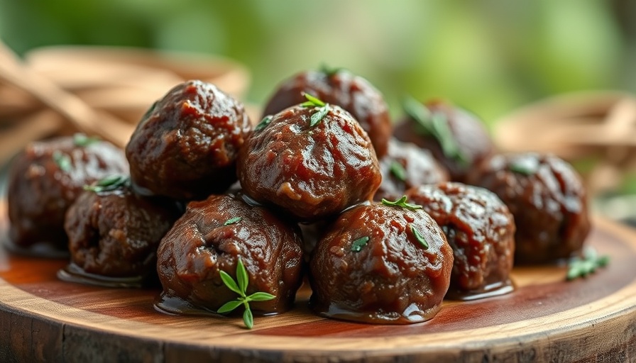 Savory venison meatballs on wooden board with herbs.